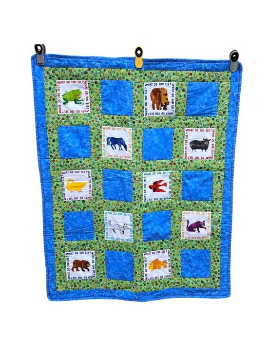 Handmade Other - Vintage 90s Brown Bear What Do You See Baby Quilt Blue Green Cotton 39x32" Carle